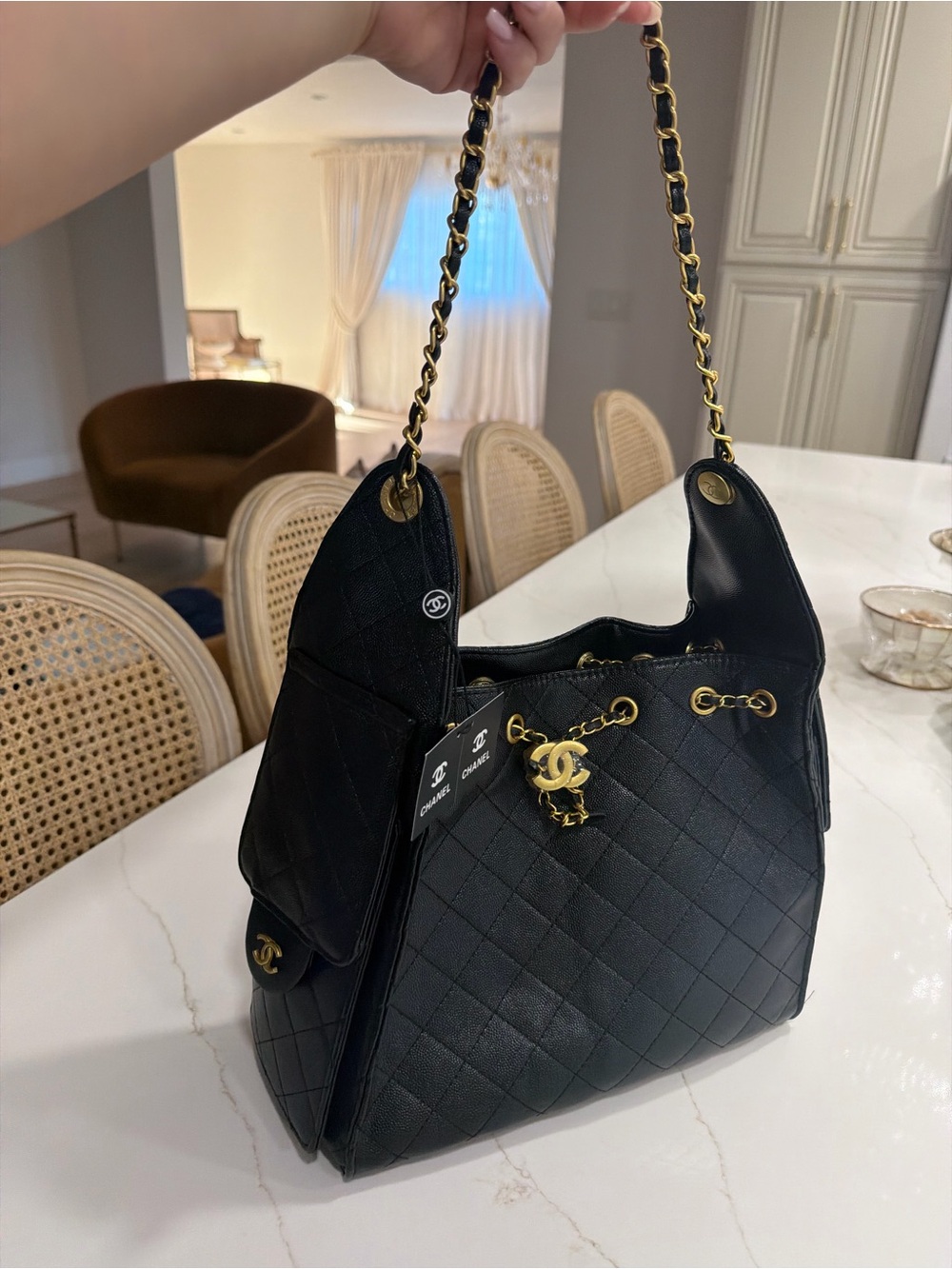 Black Quilted Leather Hobo with Gold Chain-Detail